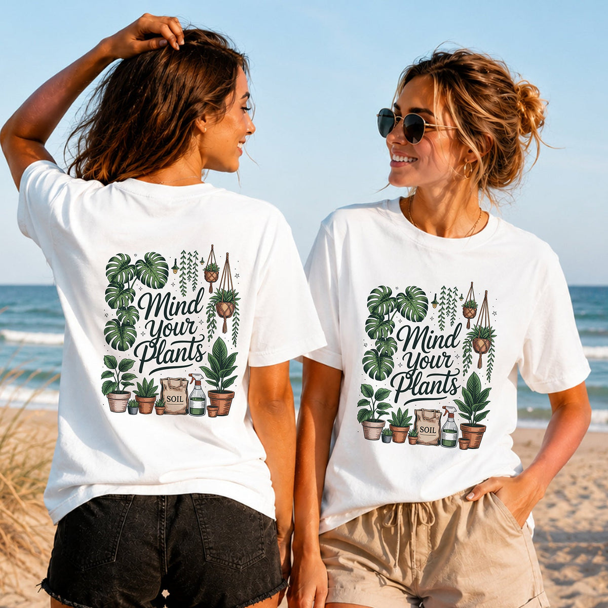 Mind Your Plants - Women's T-Shirt in white, showing alternative back and front print placements on the beach