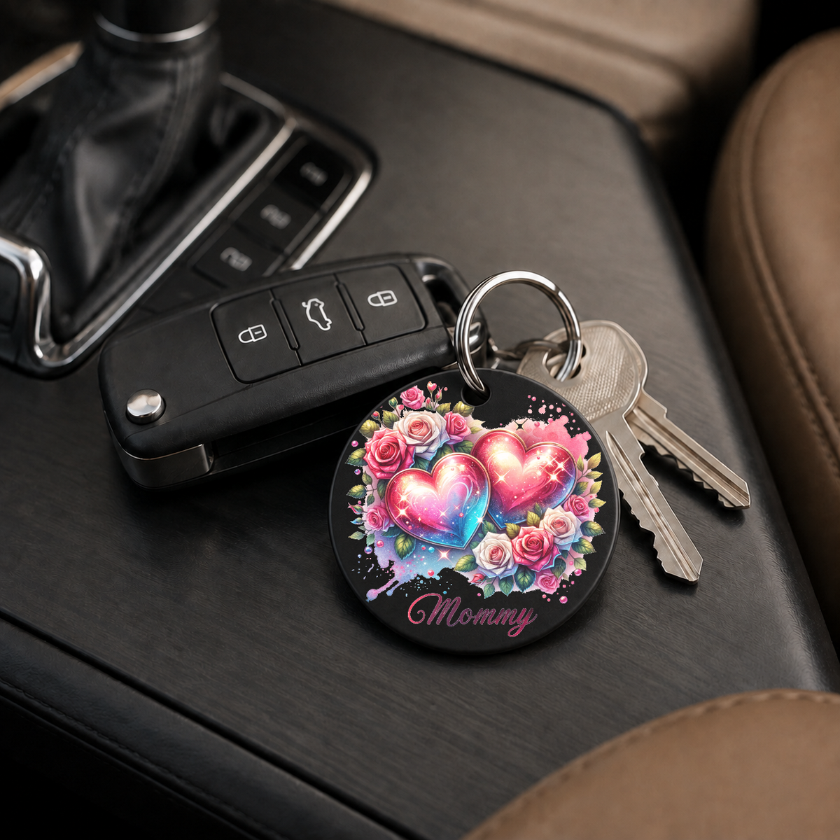 Mommy Double Heart Roses - Keychain in black