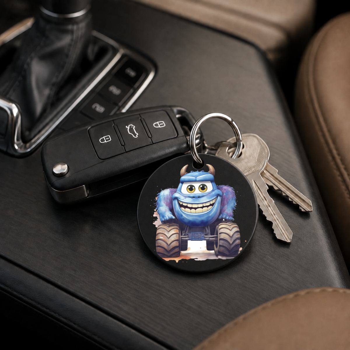 Monster Truck Character - Blue Furry Horns - Keychain in black