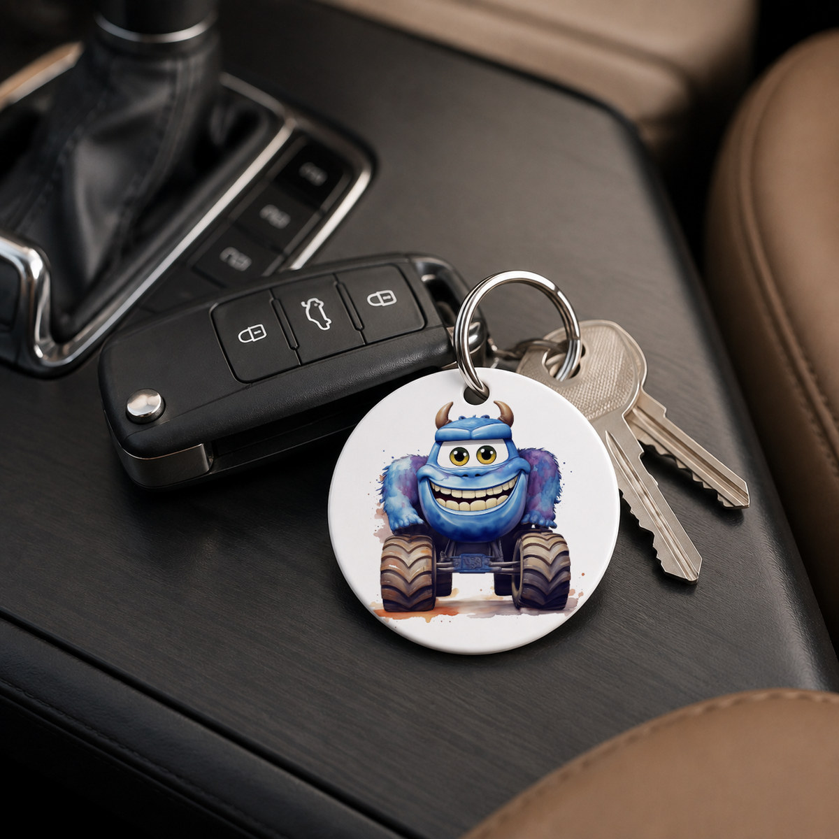 Monster Truck Character - Blue Furry Horns - Keychain in white