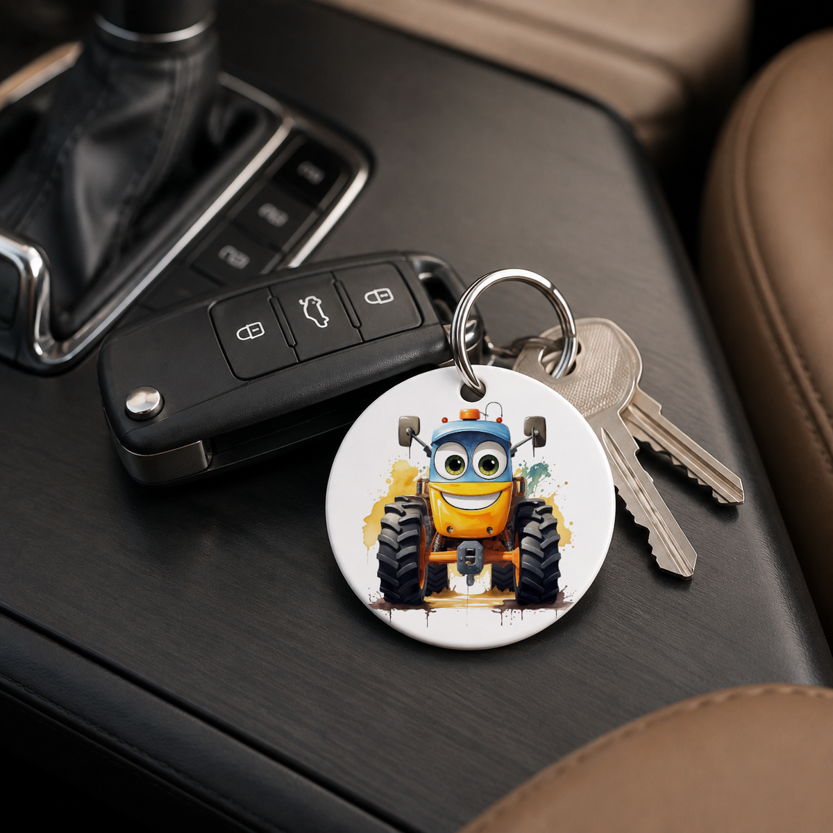 Monster Truck Character - Blue Yellow Tractor - Keychain in white