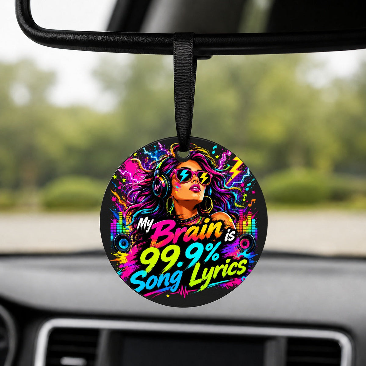 My Brain Is Song Lyrics - Round Car Charm in black