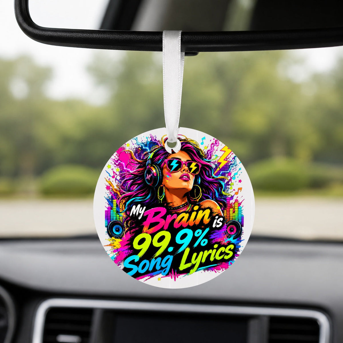 My Brain Is Song Lyrics - Round Car Charm in white