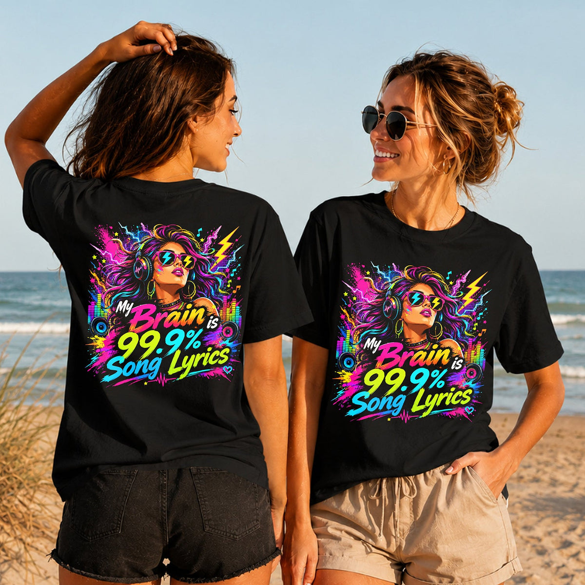 My Brain Is Song Lyrics - Women's T-Shirt in black, showing alternative back and front print placements on the beach