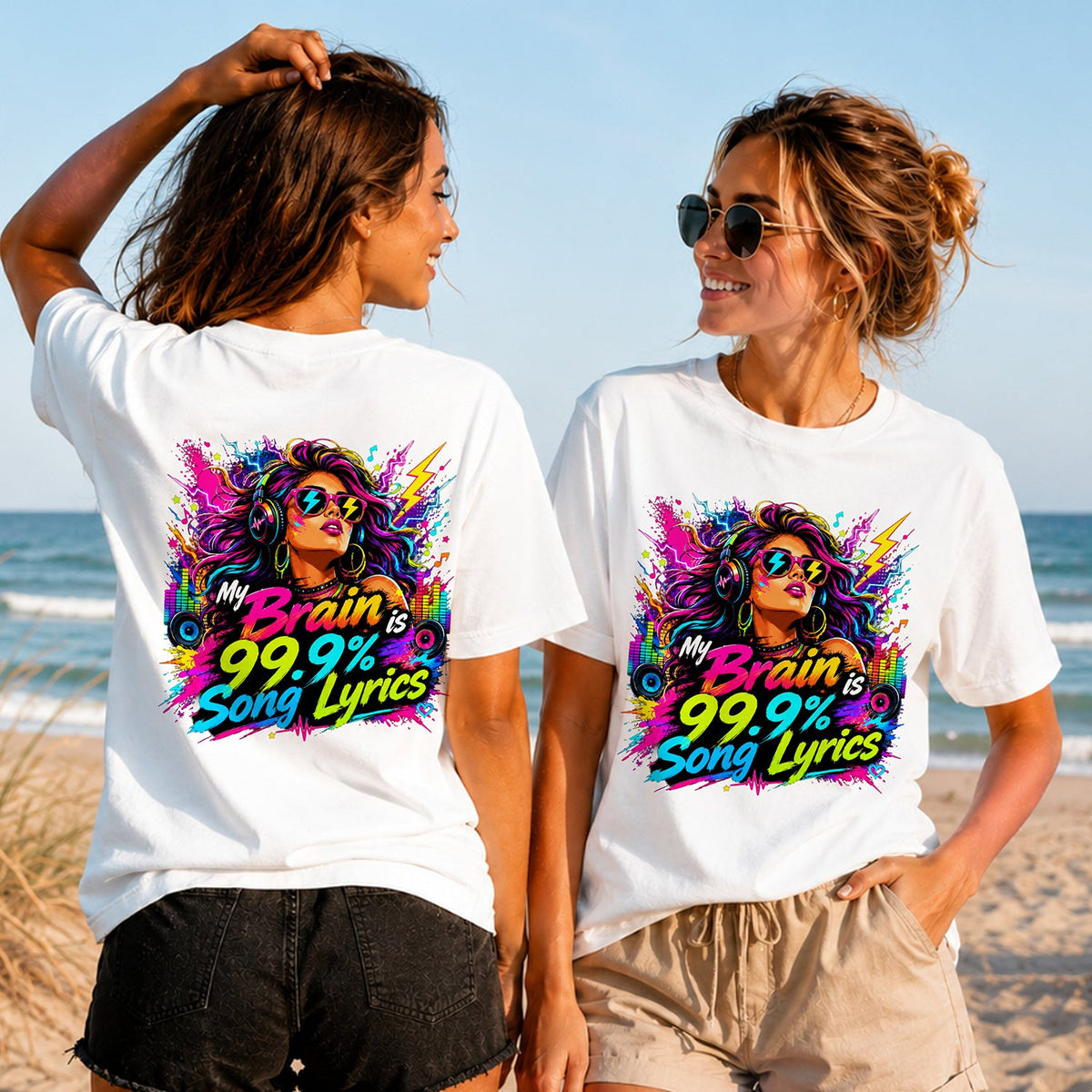 My Brain Is Song Lyrics - Women's T-Shirt in white, showing alternative back and front print placements on the beach