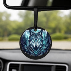 Mystic Forest Wolf - Round Car Charm in black