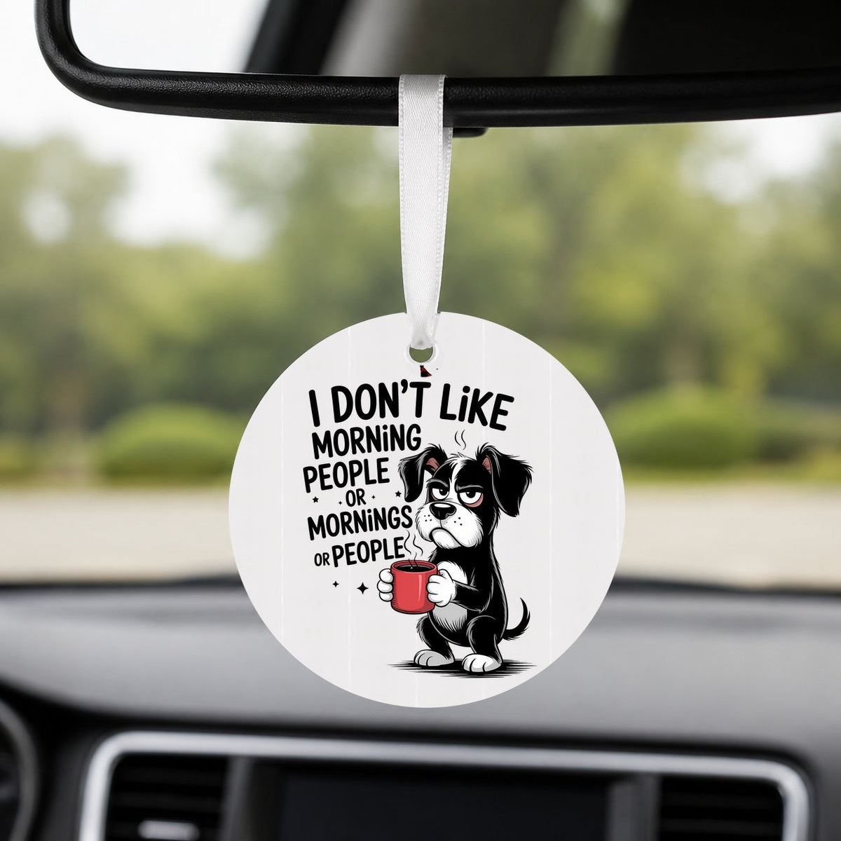 No Mornings No People - Round Car Charm in white
