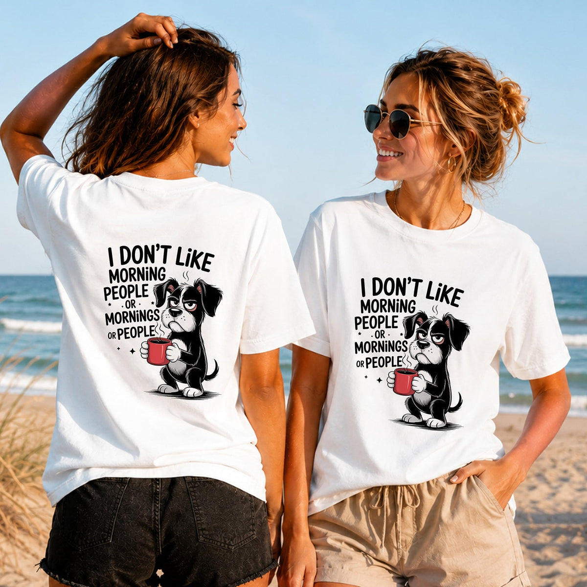 No Mornings No People - Women's T-Shirt in white, showing alternative back and front print placements on the beach