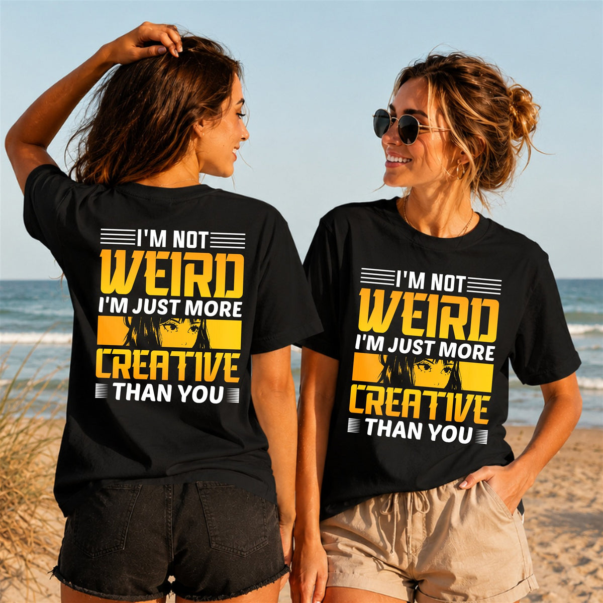 Not Weird More Creative Quote 1 - Women's T-Shirt in black, showing front and back print placement choices