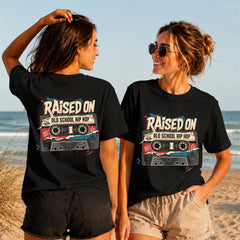 Old School Hip Hop Cassette - Women's T-Shirt in black, showing front and back print placement choices
