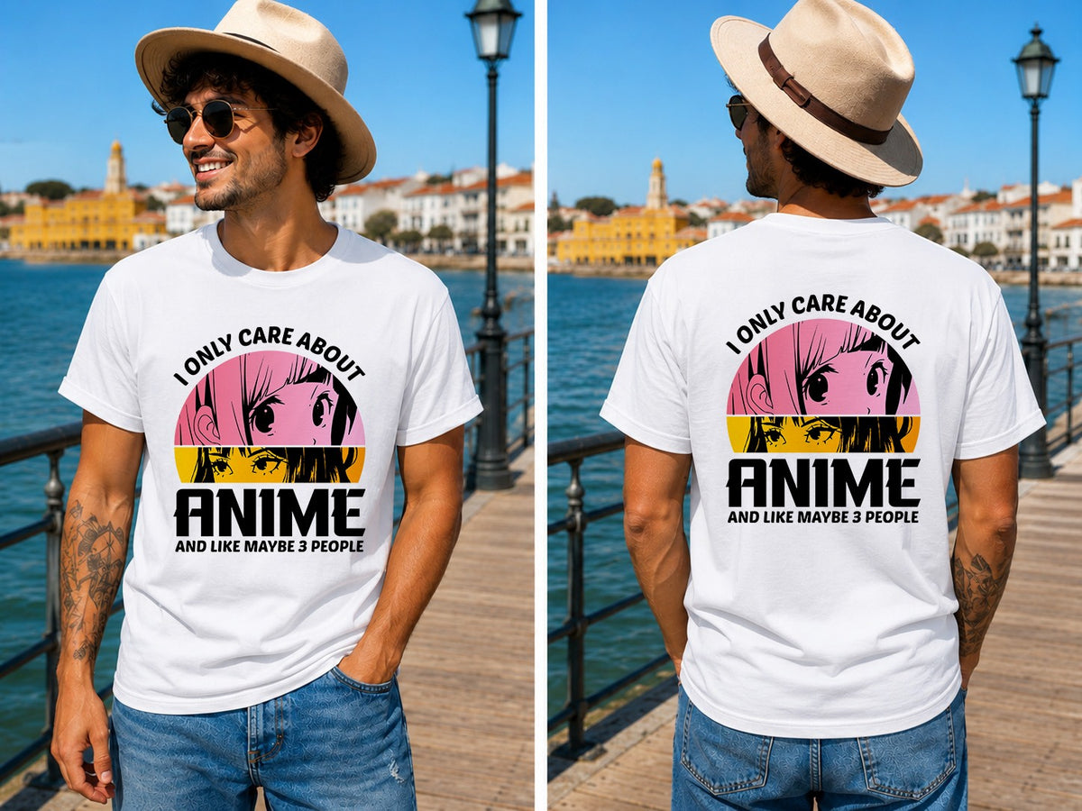 Only Care About Anime Quote - Men's T-Shirt in white, showing front and back print placement choices