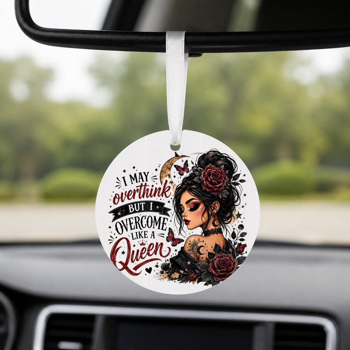Overcome Like a Queen - Round Car Charm in white
