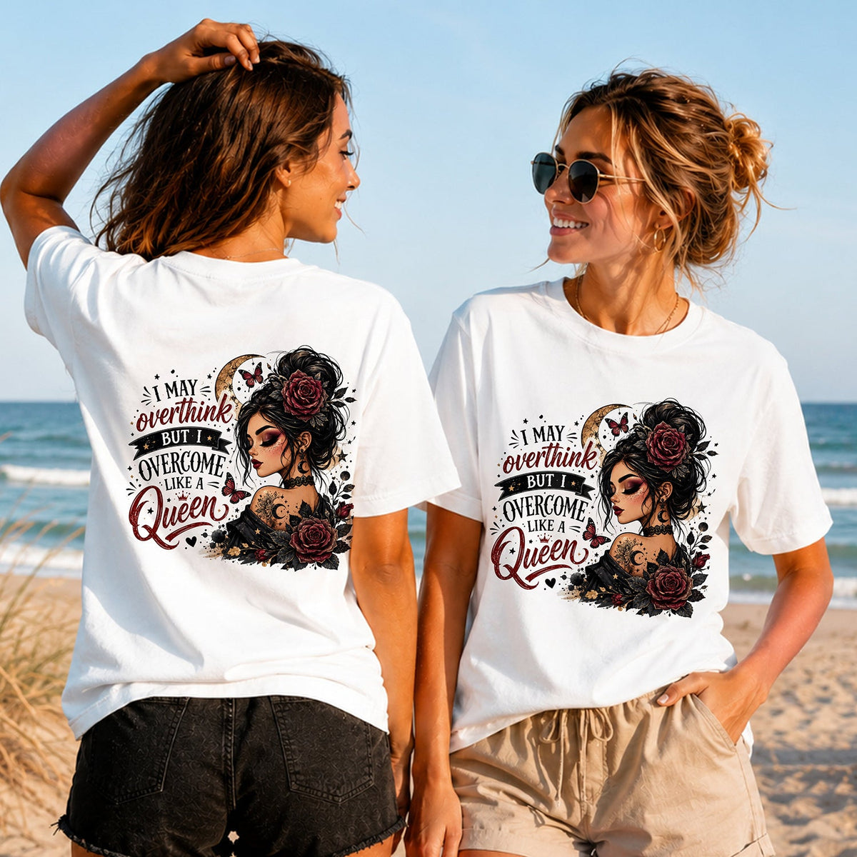 Overcome Like a Queen - Women's T-Shirt in white, showing alternative back and front print placements on the beach