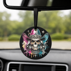 Party Cowgirl Skull - Grey Galaxy Hat - Round Car Charm in black