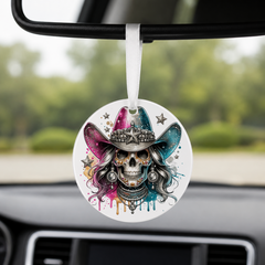 Party Cowgirl Skull - Grey Galaxy Hat - Round Car Charm in white