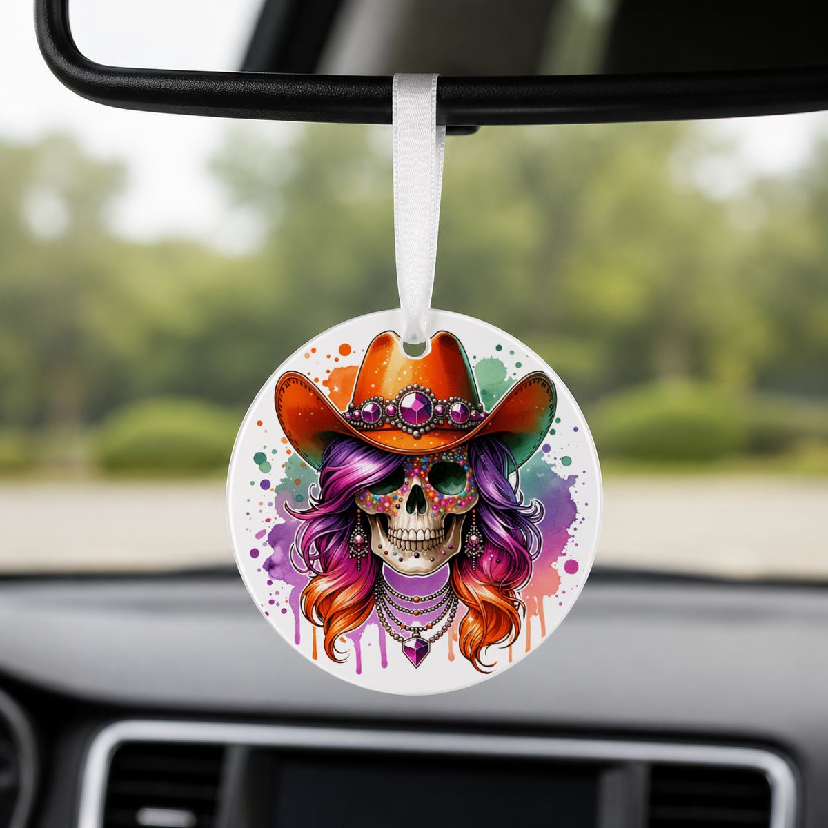 Party Cowgirl Skull - Orange Curls - Round Car Charm in white