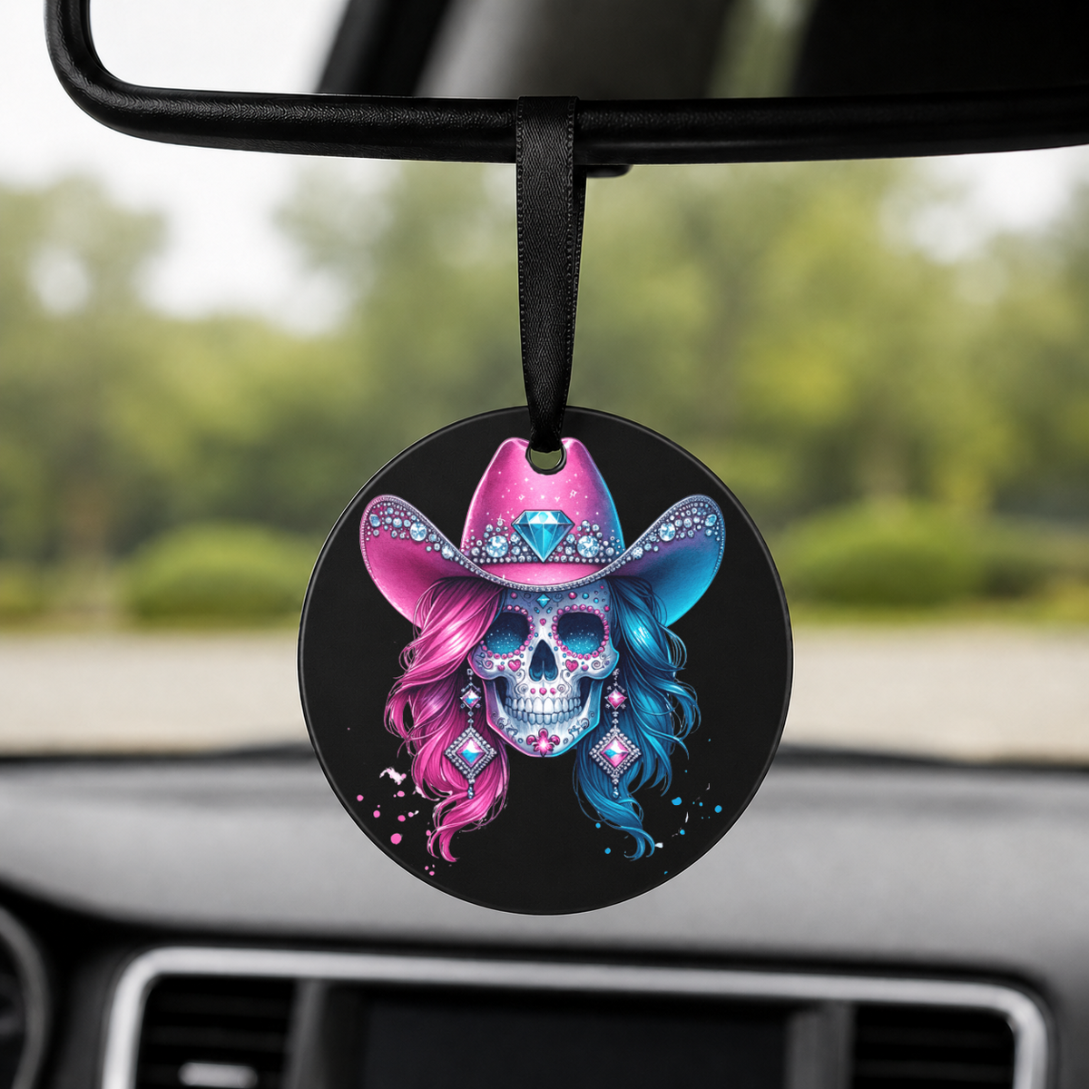 Party Cowgirl Skull - Pink Blue Diamond - Round Car Charm in black