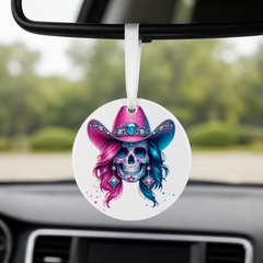 Party Cowgirl Skull - Pink Blue Diamond - Round Car Charm in white