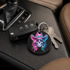 Party Cowgirl Skull - Pink Blue Diamond - Keychain in black