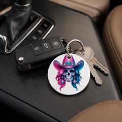 Party Cowgirl Skull - Pink Blue Diamond - Keychain in white