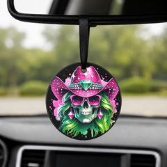 Party Cowgirl Skull - Pink Blue Hair - Round Car Charm in black