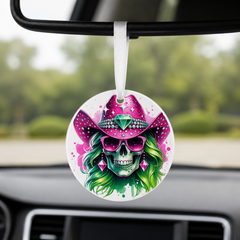 Party Cowgirl Skull - Pink Blue Hair - Round Car Charm in white