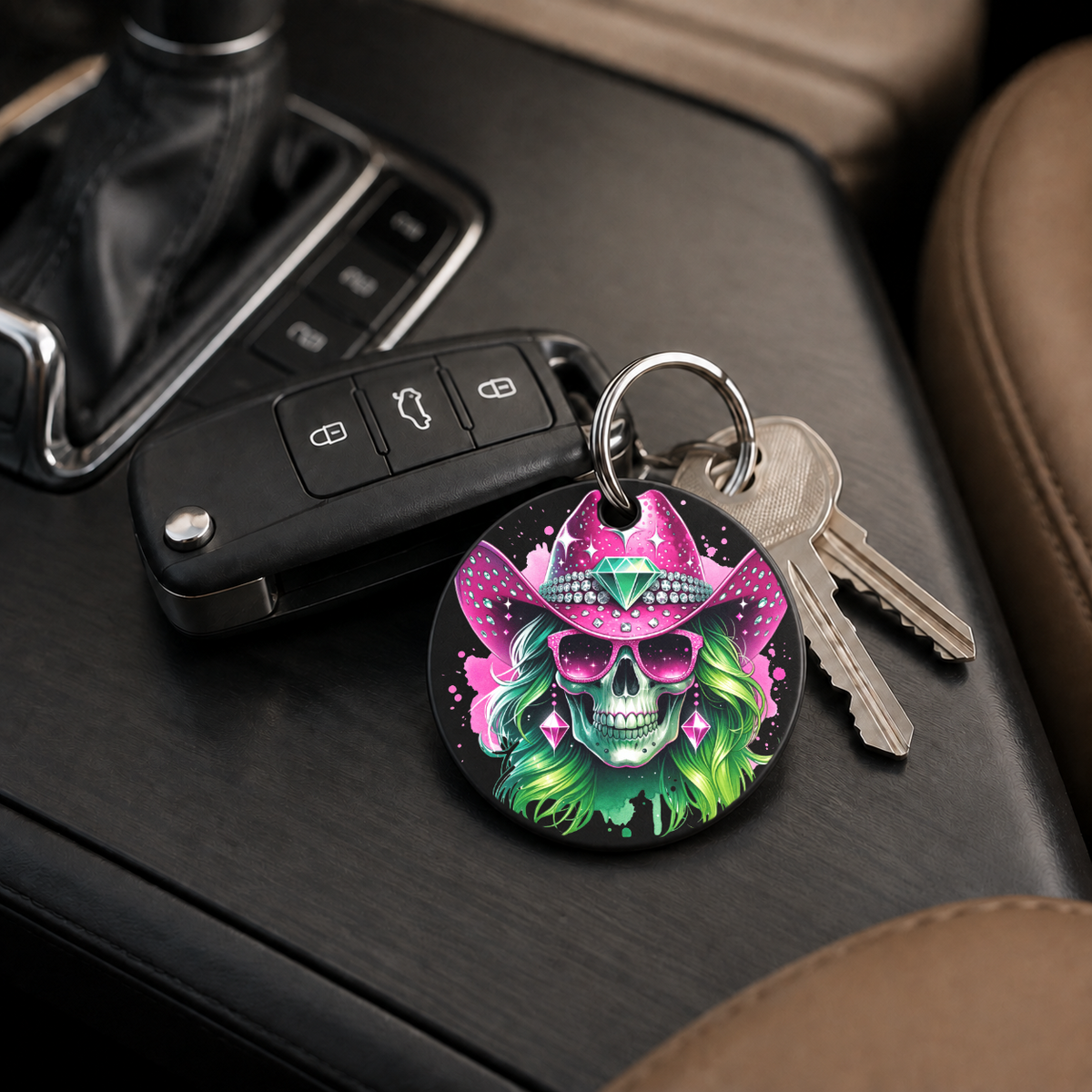 Party Cowgirl Skull - Pink Blue Hair - Keychain in black