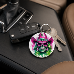 Party Cowgirl Skull - Pink Blue Hair - Keychain in white