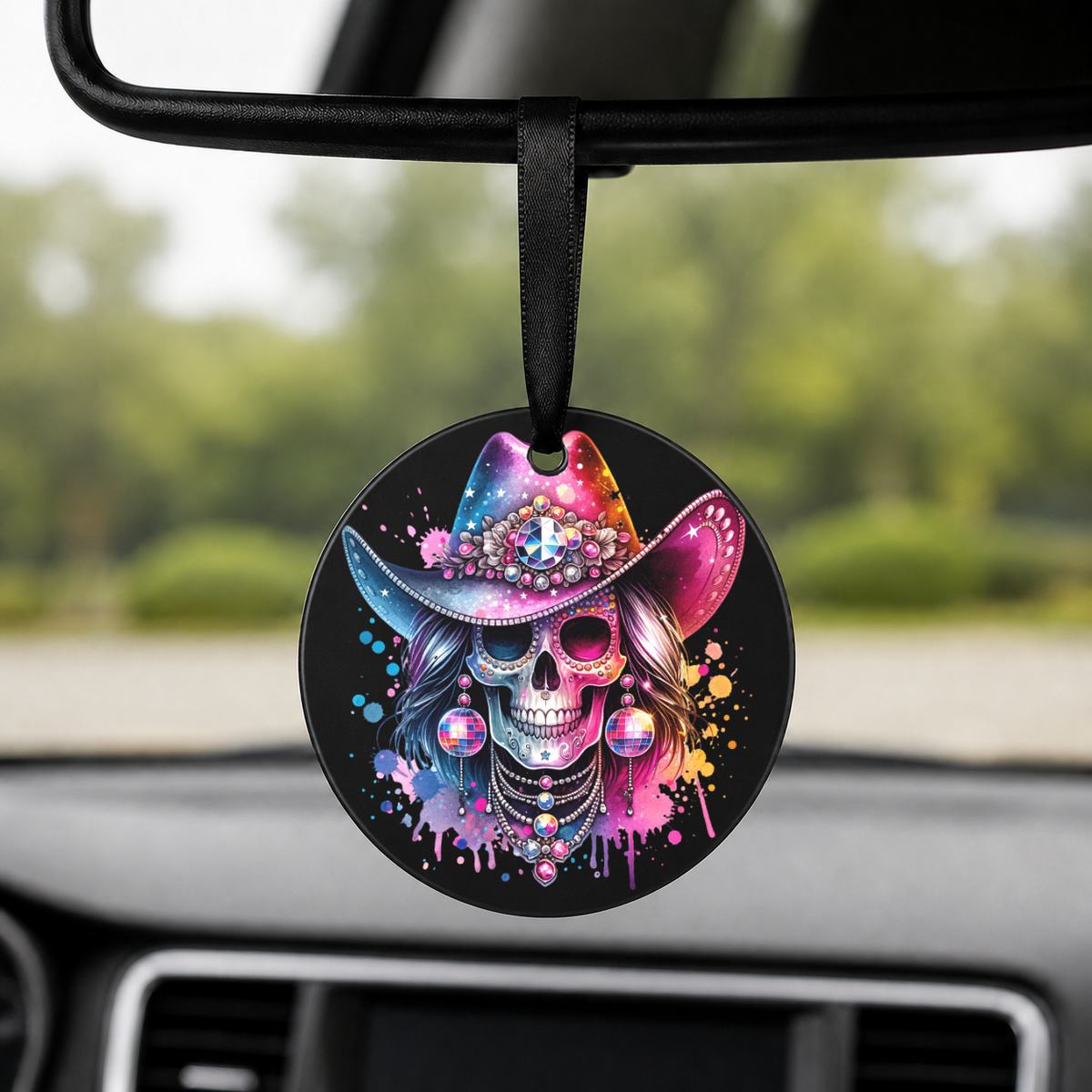 Party Cowgirl Skull - Pink Disco Hearts - Round Car Charm in black