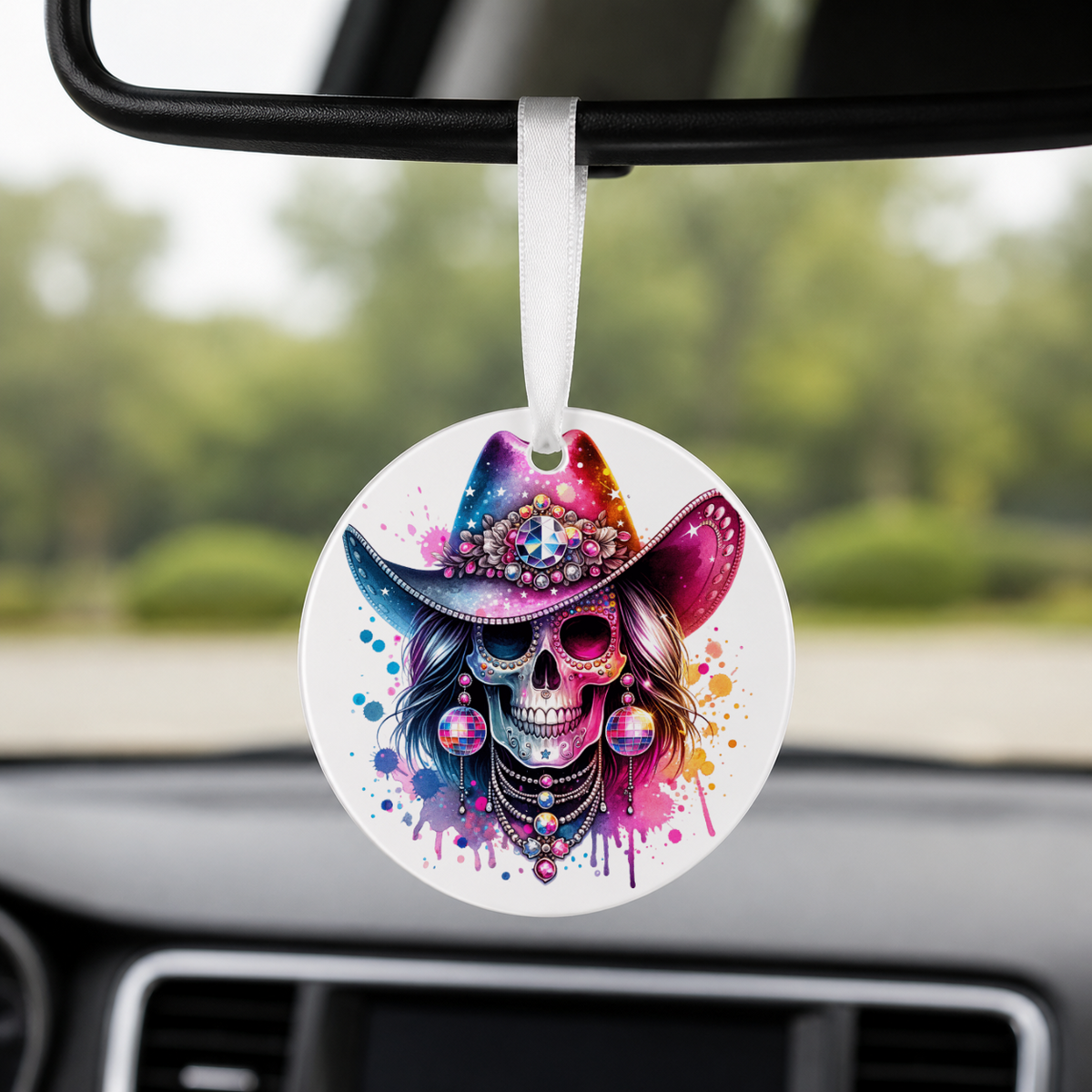 Party Cowgirl Skull - Pink Disco Hearts - Round Car Charm in white