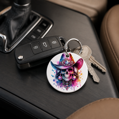 Party Cowgirl Skull - Pink Disco Hearts - Keychain in white
