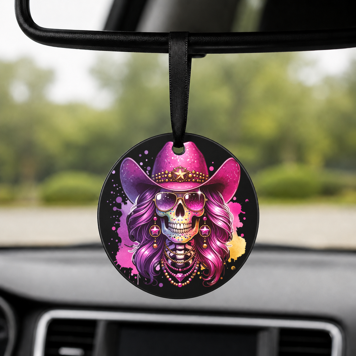 Party Cowgirl Skull - Pink Glasses Curls - Round Car Charm in black