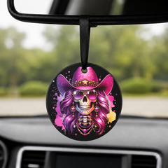 Party Cowgirl Skull - Pink Glasses Curls - Round Car Charm in black
