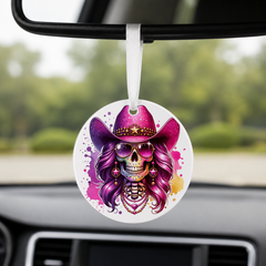 Party Cowgirl Skull - Pink Glasses Curls - Round Car Charm in white