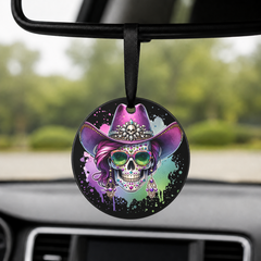 Party Cowgirl Skull - Purple Sunglasses - Round Car Charm in black