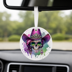 Party Cowgirl Skull - Purple Sunglasses - Round Car Charm in white