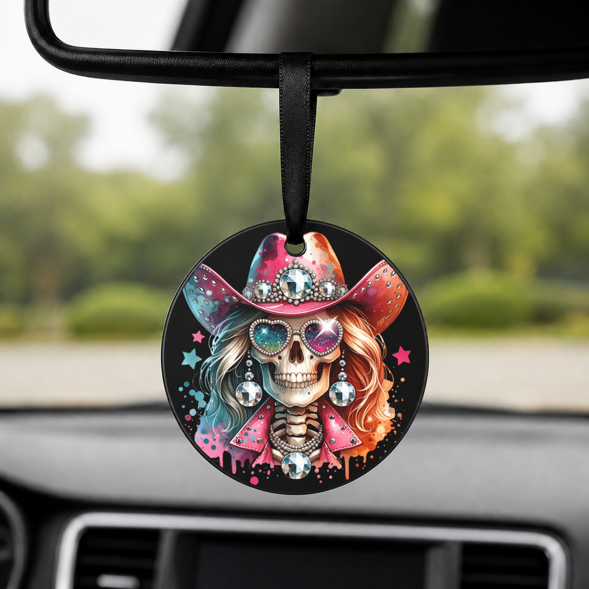 Party Cowgirl Skull - Rainbow Curls Disco - Round Car Charm in black