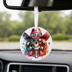Party Cowgirl Skull - Rainbow Curls Disco - Round Car Charm in white