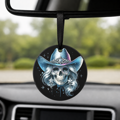 Party Cowgirl Skull - Silver Stars - Round Car Charm in black