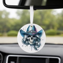 Party Cowgirl Skull - Silver Stars - Round Car Charm in white