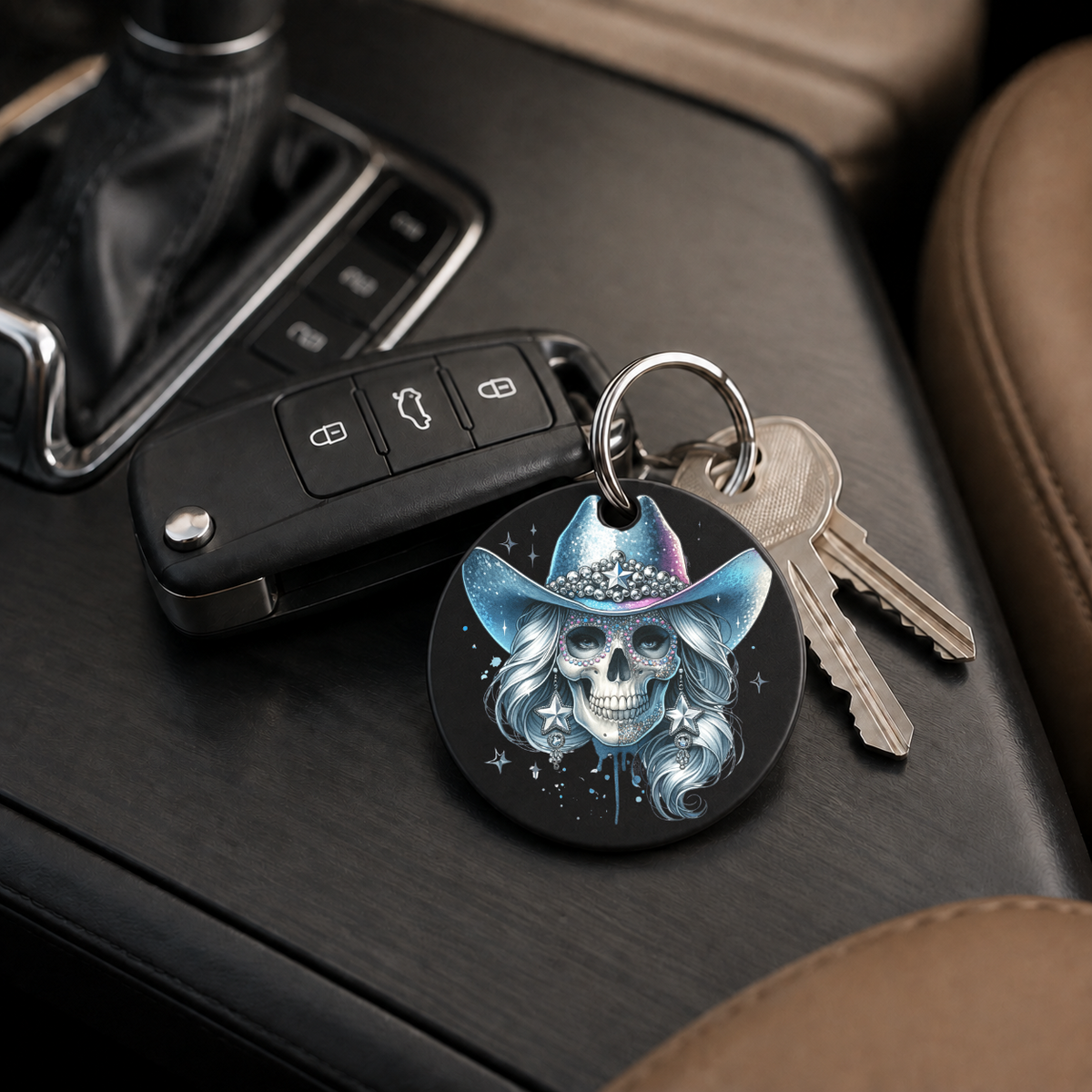 Party Cowgirl Skull - Silver Stars - Keychain in black