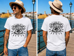 Patience Tested Negative - Black - Men's T-Shirt in white, showing alternative front or back print placement