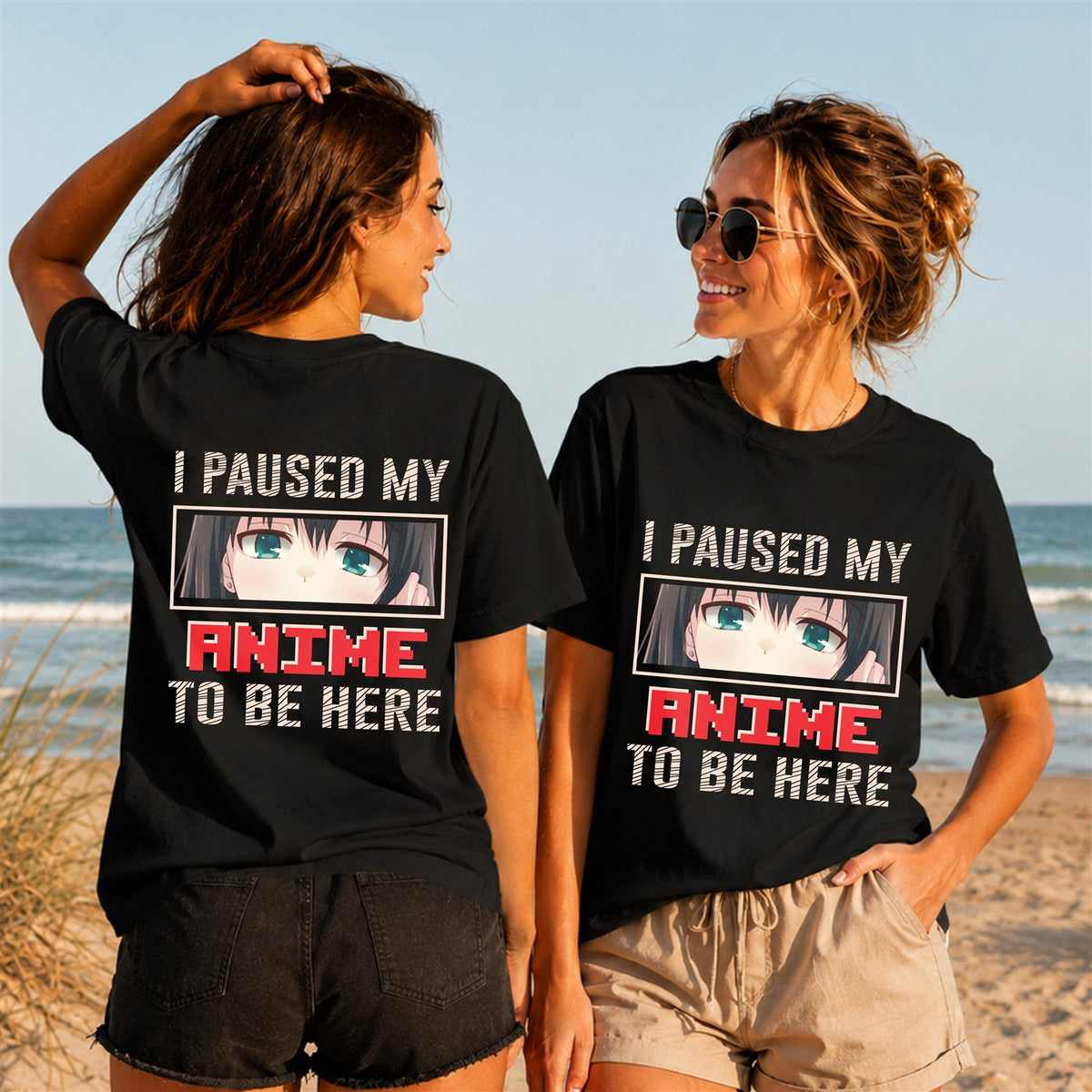 Paused My Anime Eyes Quote - Women's T-Shirt in black, showing front and back print placement choices