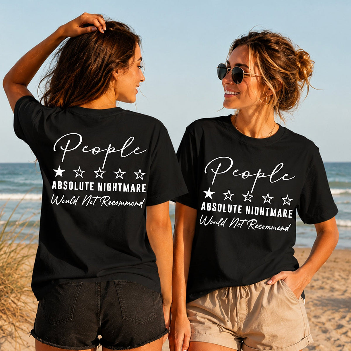 People One Star Review - Women's T-Shirt in black, showing alternative back and front print placements on the beach