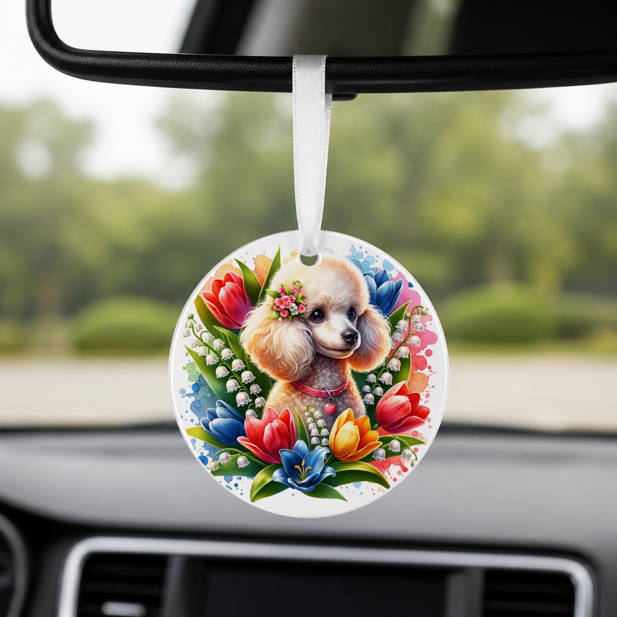 Pit Bull With Tulips - Round Car Charm in white