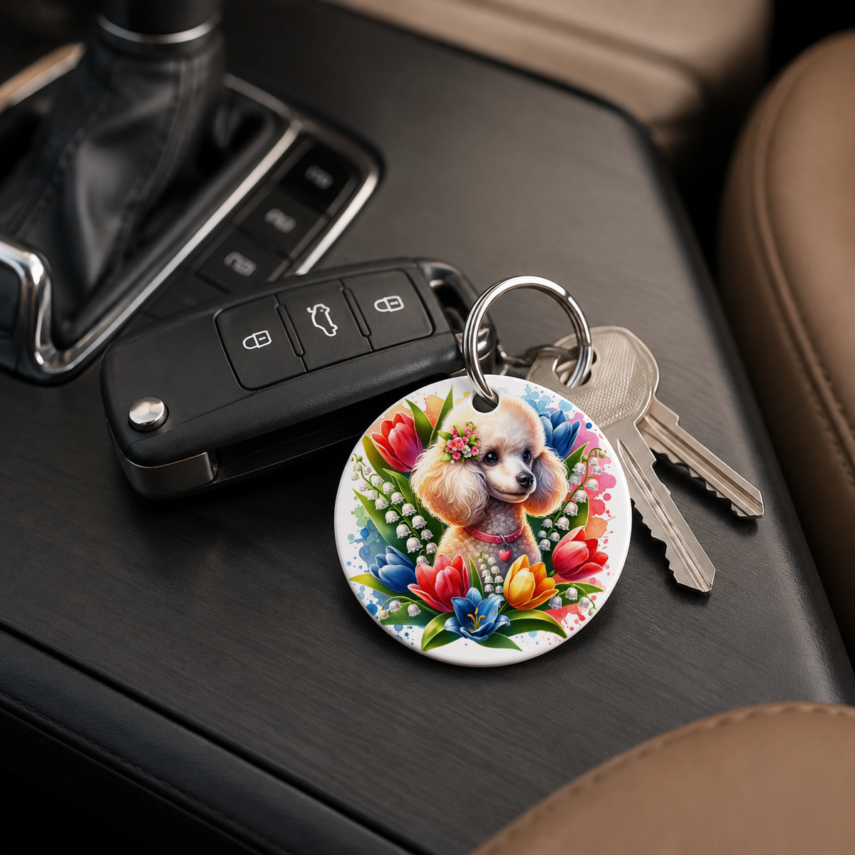 Pit Bull With Tulips - Keychain in white