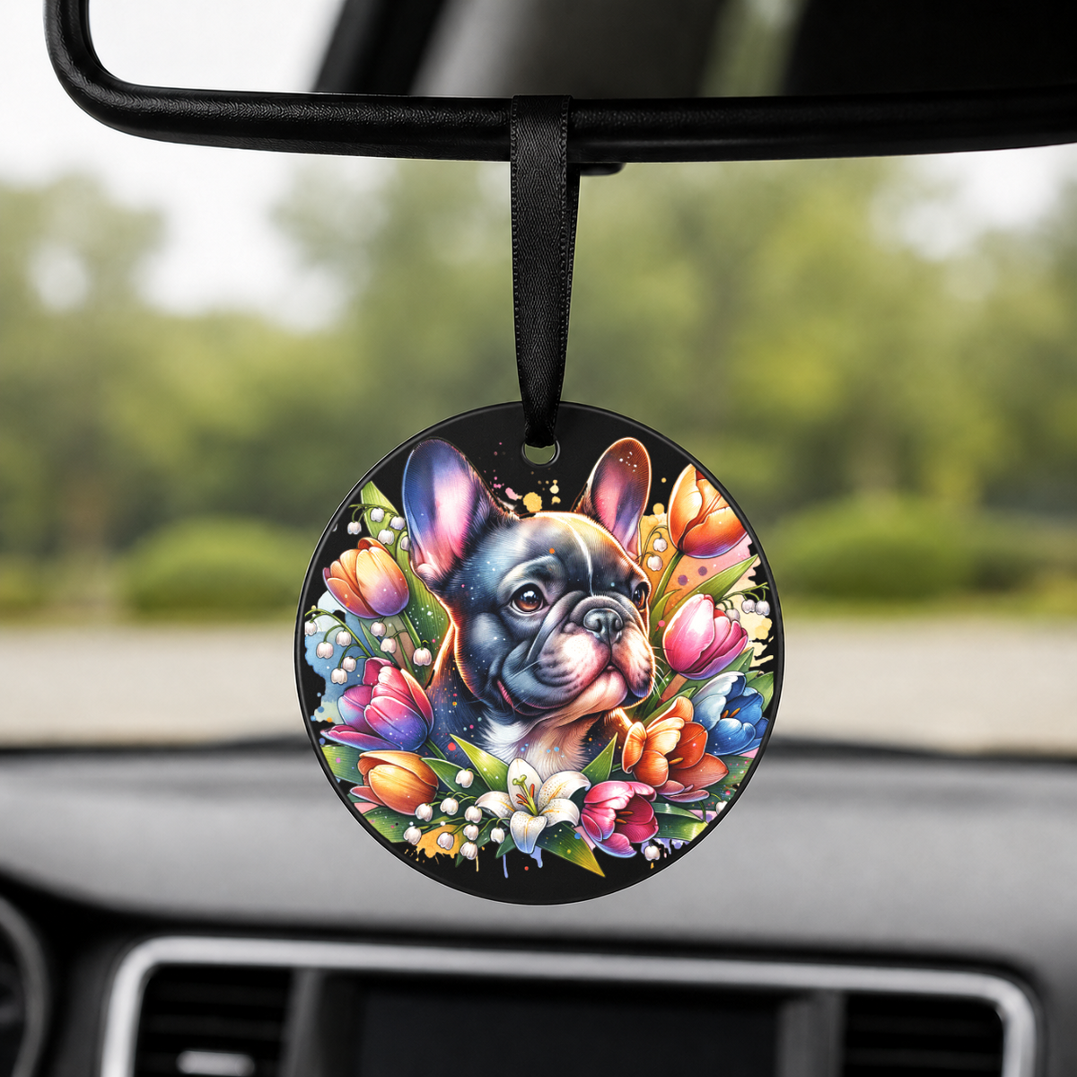 Poodle With Tulips - Round Car Charm in black