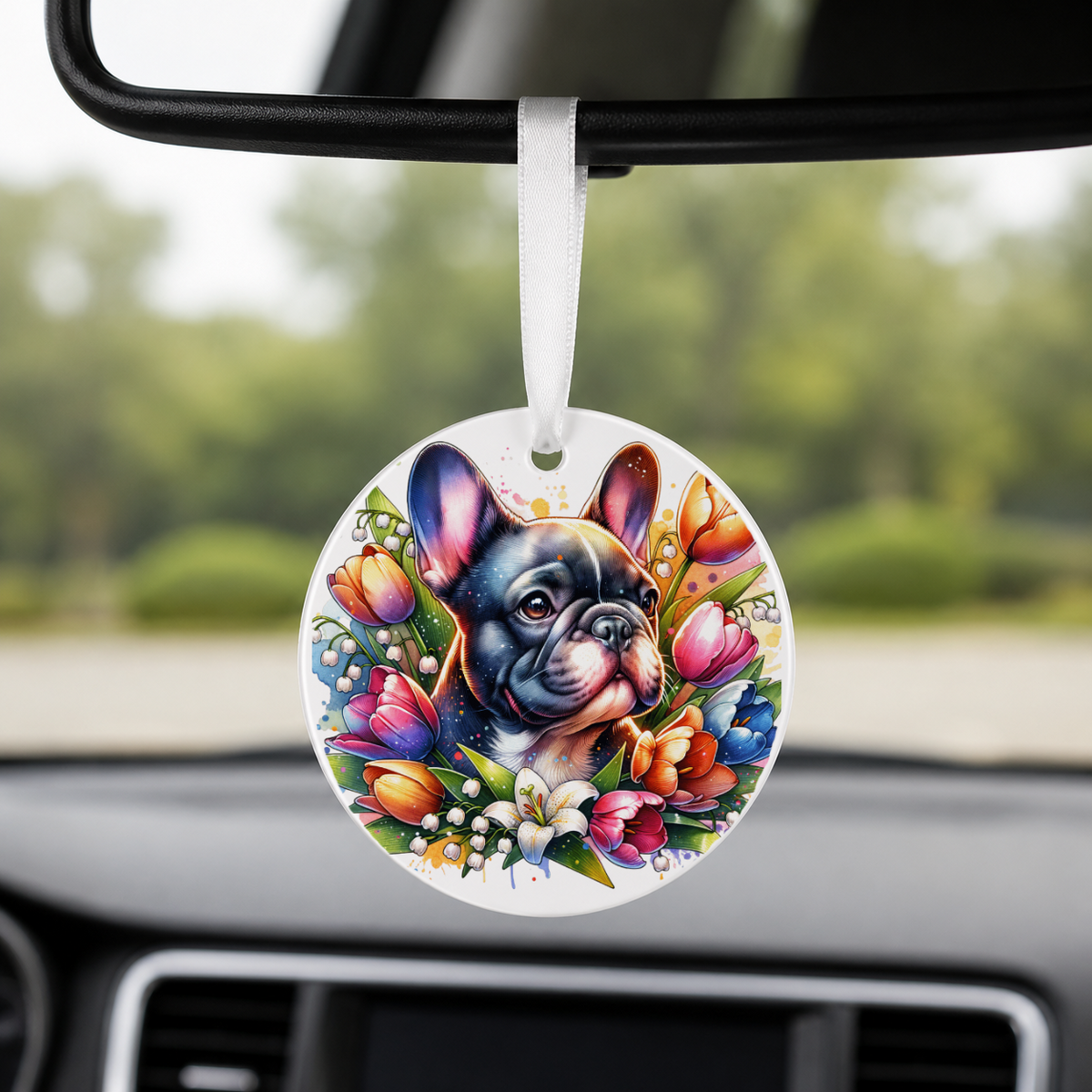 Poodle With Tulips - Round Car Charm in white