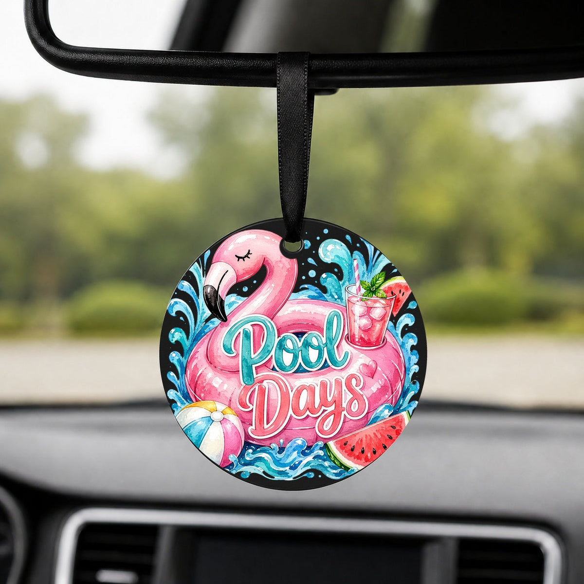 Pool Days Flamingo - Round Car Charm in black