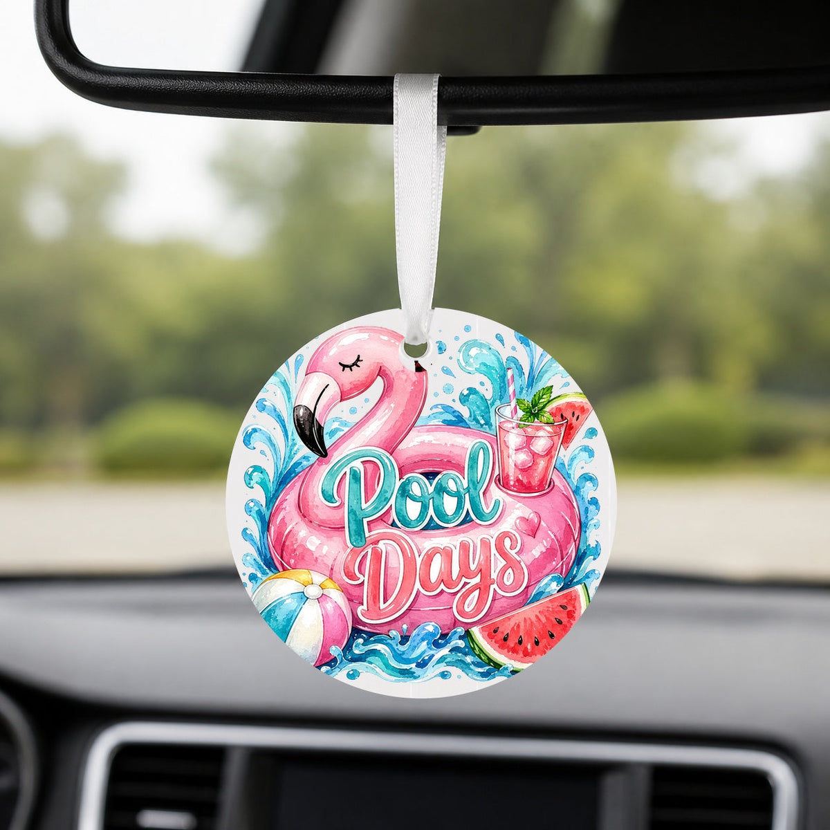 Pool Days Flamingo - Round Car Charm in white